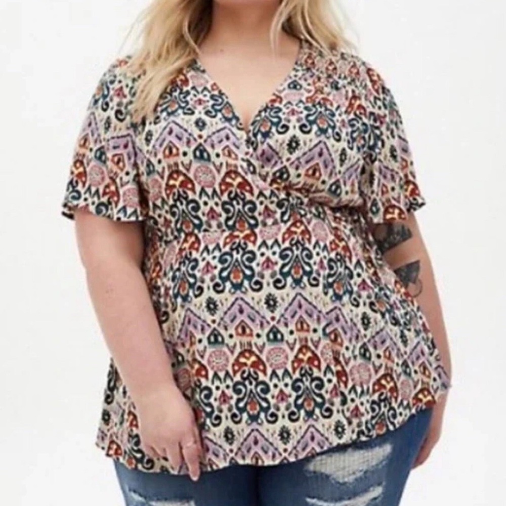 torrid Multi-Color Printed Wrap Peplum Blouse